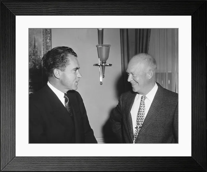 Framed Print : President Eisenhower and Vice President Nixon during the 1956 Presidential Campaign. They discussed Nixon's extensive campaign tour. - (BSLOC_2014_16_127)