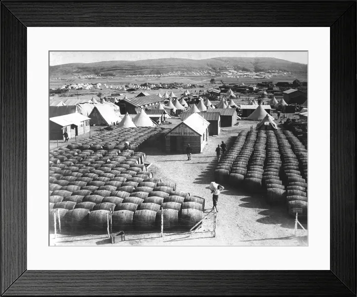 Framed Print : World War I Dardanelles Campaign of 1915. The French wine barrels at their Lemnos Island base