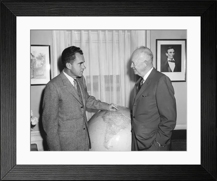 Framed Print : President Eisenhower meeting with VP Richard Nixon prior to his South American trip. April 25, 1958. - (BSLOC_2014_16_128)