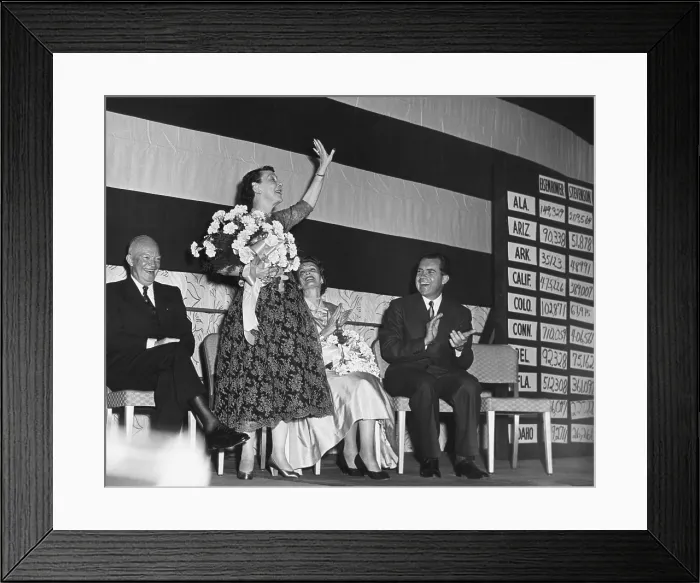 Framed Print : Mamie Eisenhower waves to the Republican crowd at the election night Victory Party. President Eisenhower is seated with Pat and Richard Nixon. - (BSLOC_2014_16_13) Framed Print : Mamie Eisenhower waves to the Republican crowd at the election night Victory Party. President Eisenhower is seated with Pat and Richard Nixon. - (BSLOC_2014_16_13)