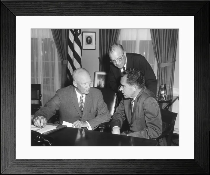 Framed Print : President Eisenhower meeting with Richard Nixon and Milton Eisenhower on their return from the USSR