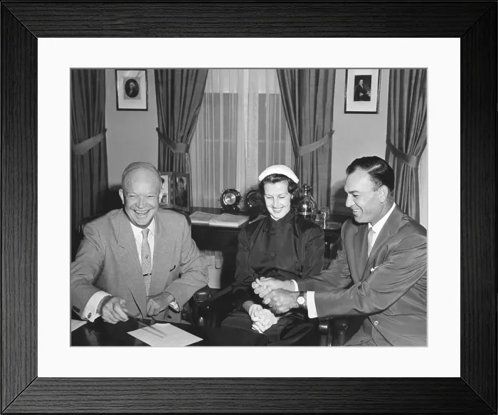 Framed Print : President Eisenhower with Champion Golfer Ben Hogan and his wife in the Oval Office. Aug. 8, 1953 - (BSLOC_2014_16_171)