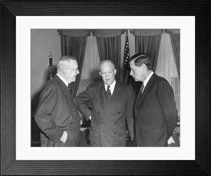 Framed Print : President Eisenhower in conversation with Sec. of State John Foster Dulles and Charles Bohlen. Bolan (at right) was Ambassador-designate to USSR. April 2, 1953