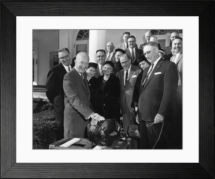 Framed Print : President Eisenhower receives a turkey from the National Turkey Federation at the White House. Nov. 19, 1956. - (BSLOC_2014_16_173)