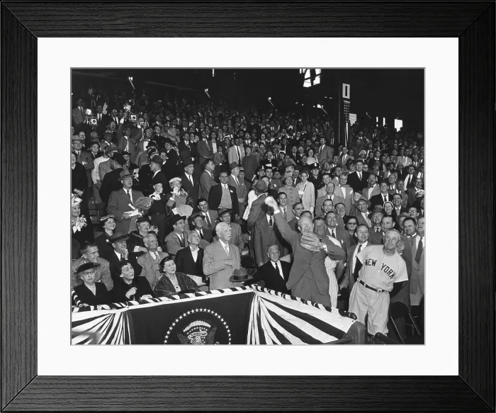 Framed Print : President Eisenhower throwing out the first ball of the 1954 Baseball season at Griffith Stadium. At left is Casey Stengel in the New York Yankees uniform Framed Print : President Eisenhower throwing out the first ball of the 1954 Baseball season at Griffith Stadium. At left is Casey Stengel in the New York Yankees uniform