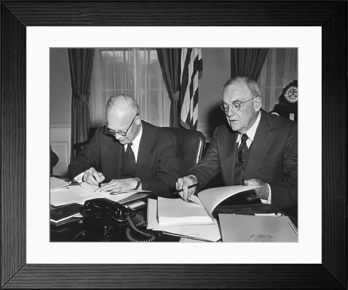 Framed Print : Pres. Eisenhower and John Foster Dulles signing Proclamations of Ratification relating to Germany. April 7, 1955. - (BSLOC_2014_16_134)