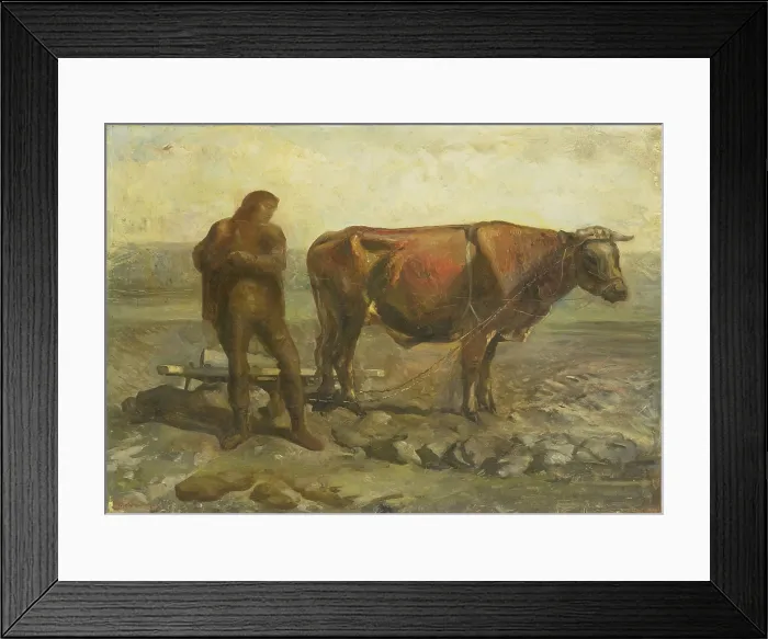 Framed Print : Ploughing Farmer, c. 1920-40, oil painting on panel by Dutch artist, Willem van Konijnenburg. Farmer standing on a rock-strewn field next to an ox harnessed to a plow