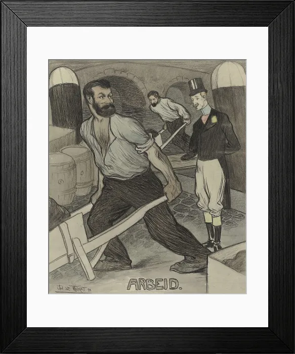Framed Print : Work, by Jan de Waardt, 1899. Dutch drawing with watercolor paint. Two robust porters pushing wheel barrel at work on a seawall
