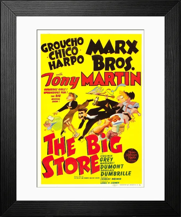 Framed Print : THE BIG STORE, The Marx Brothers from left: Chico Marx, Groucho Marx, Harpo Marx on midget window card, 1941 Framed Print : THE BIG STORE, The Marx Brothers from left: Chico Marx, Groucho Marx, Harpo Marx on midget window card, 1941