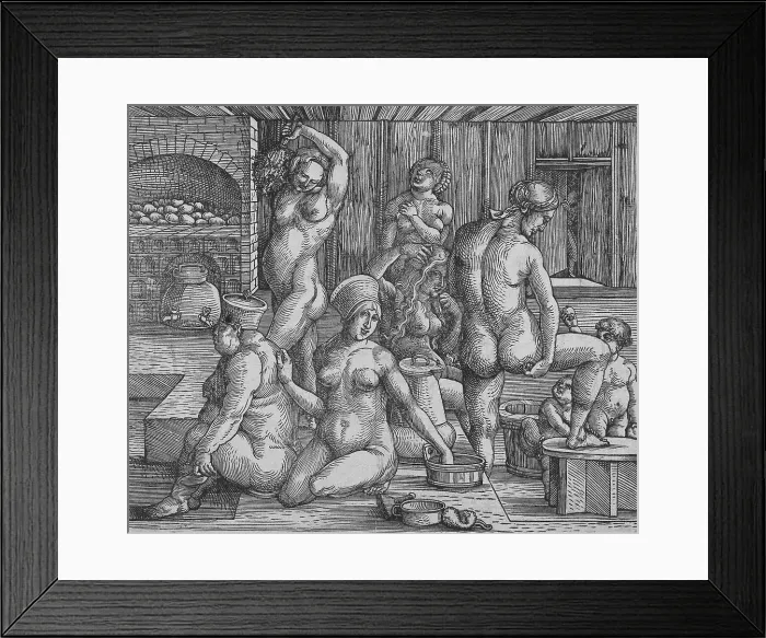 Framed Print : The Women's Bath, by Albrecht Durer, 1496-1501, German wood engraving. Six women and two small children in a bath and sauna. (BSLOC_2016_1_15)