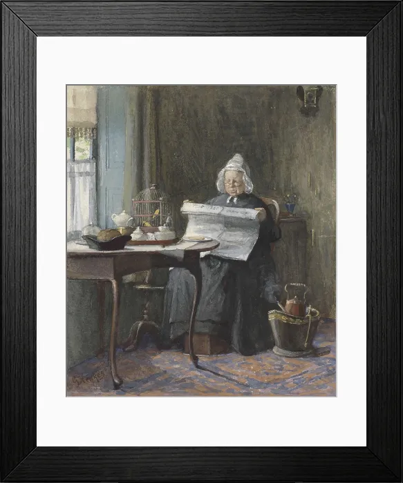 Framed Print : Interior with a Woman Reading the Newspaper, by Gerke Henkes, 1875-1900, Dutch watercolor. Elderly woman at her table with caged bird and teapot. (BSLOC_2016_1_16)