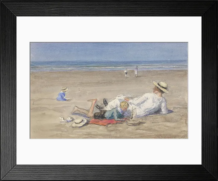 Framed Print : Resting Nanny with Two Children on the Beach, by Johan Antonie de Jonge, c. 1890-1920. Dutch watercolor painting. (BSLOC_2016_1_19)