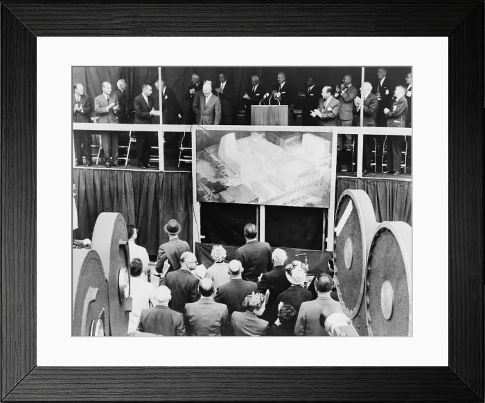 Framed Print : President Eisenhower at ground breaking ceremonies at Lincoln Center performing-arts complex. May 14, 1959. It was built on 16 acres of a run-down neighborhood