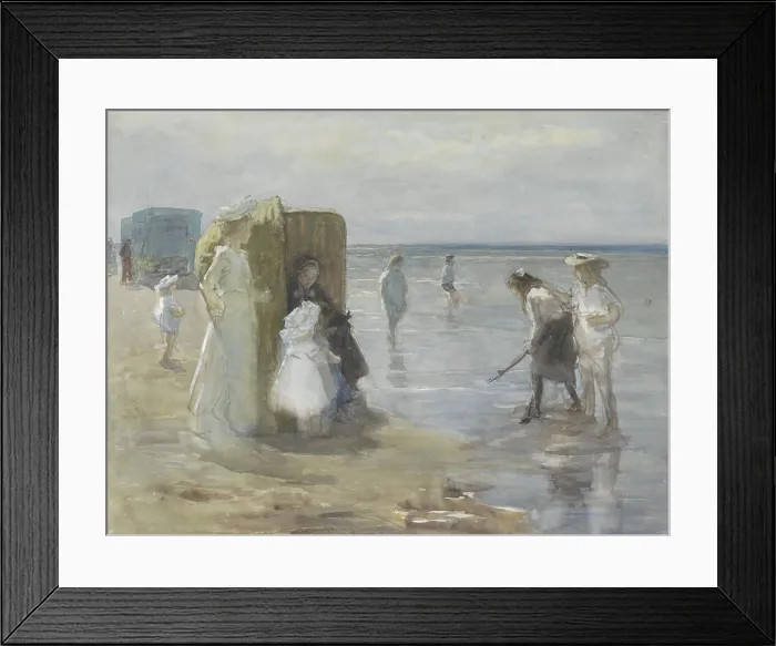 Framed Print : Beach of Scheveningen, with Two Ladies and Children, by Johan Antonie de Jonge, c. 1890-1920. They are on the tide line with a large wicker beach chair Framed Print : Beach of Scheveningen, with Two Ladies and Children, by Johan Antonie de Jonge, c. 1890-1920. They are on the tide line with a large wicker beach chair