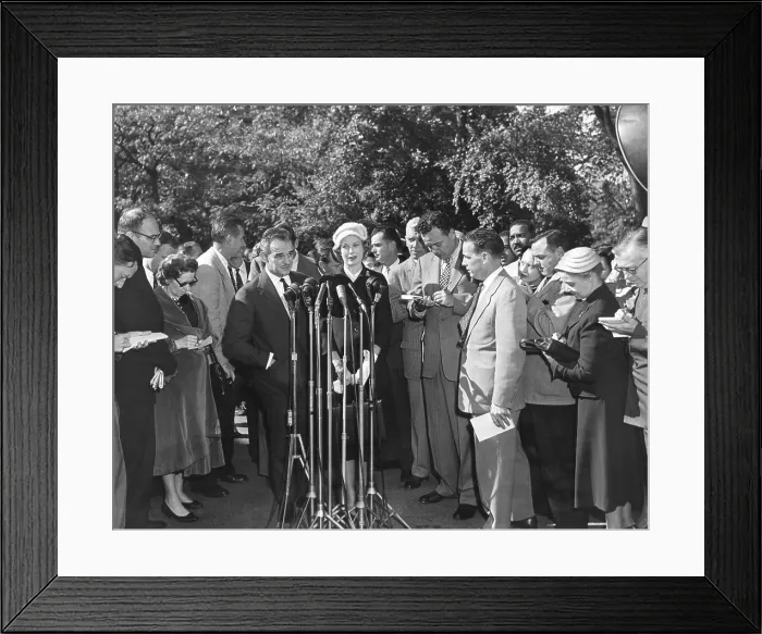 Framed Print : Prince Rainer and Princess Grace at Press microphones on their visit to President Eisenhower. Oct. 11, 1956. - (BSLOC_2014_16_164)