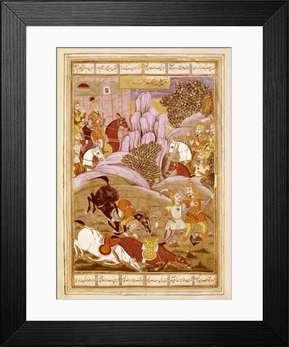 Framed Print : Shahnameh. The Book of Kings. 16th c. Book of Firdawsi (Shah name). Bijene and Reham leave to attack Firud. Hindu art. ; Persian art. Safavid period. Miniature Painting. FRANCE