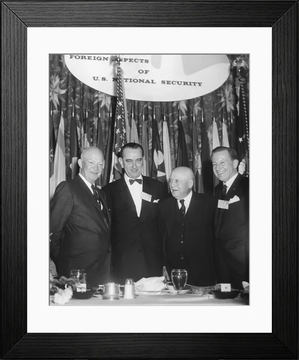 Framed Print : President Eisenhower at the Conference on Foreign Aspects of U.S. National Security. L-R: Senate Majority Leader Lyndon Johnson; House Speaker, Sam Rayburn; and unidentified
