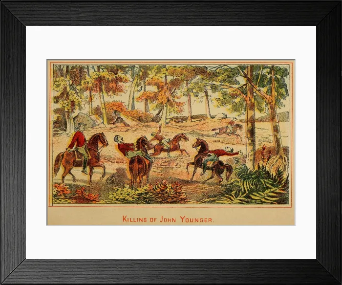Framed Print : Killing of John Younger, member of the James-Younger criminal gang on March 17, 1874. While traveling with his brother Jim, they crossed paths with two Pinkerton detectives