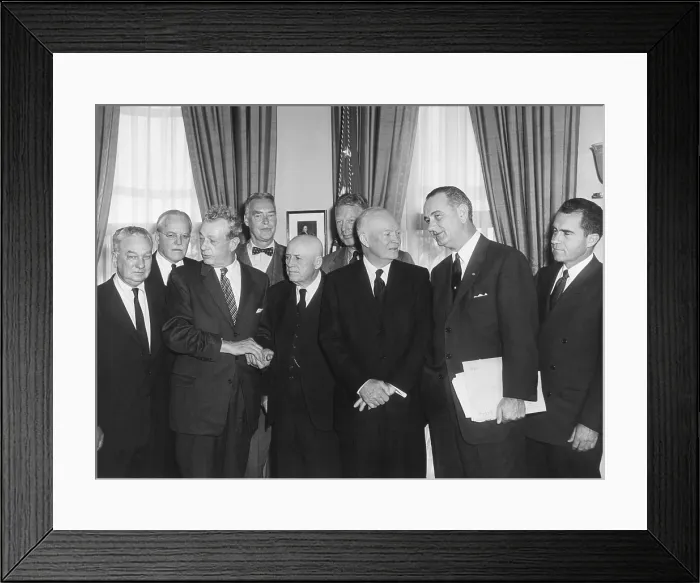 Framed Print : Special meeting of top Legislative and Executive Leadership, March 6, 1959. L-R: Charles Abraham Halleck, House Minority Leader; Allen Dulles, CIA Director; Everett Dirksen, Sen Framed Print : Special meeting of top Legislative and Executive Leadership, March 6, 1959. L-R: Charles Abraham Halleck, House Minority Leader; Allen Dulles, CIA Director; Everett Dirksen, Sen