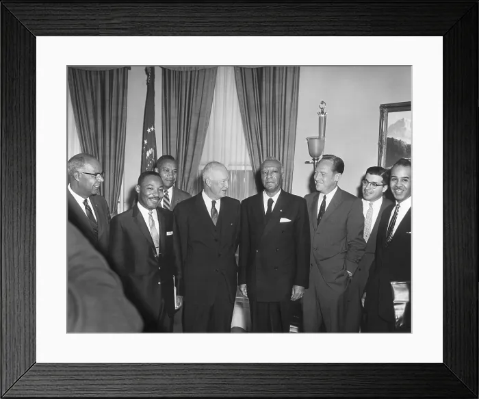Framed Print : President Eisenhower with civil rights leaders. Earlier they discussed problems of school integration and other issues Framed Print : President Eisenhower with civil rights leaders. Earlier they discussed problems of school integration and other issues