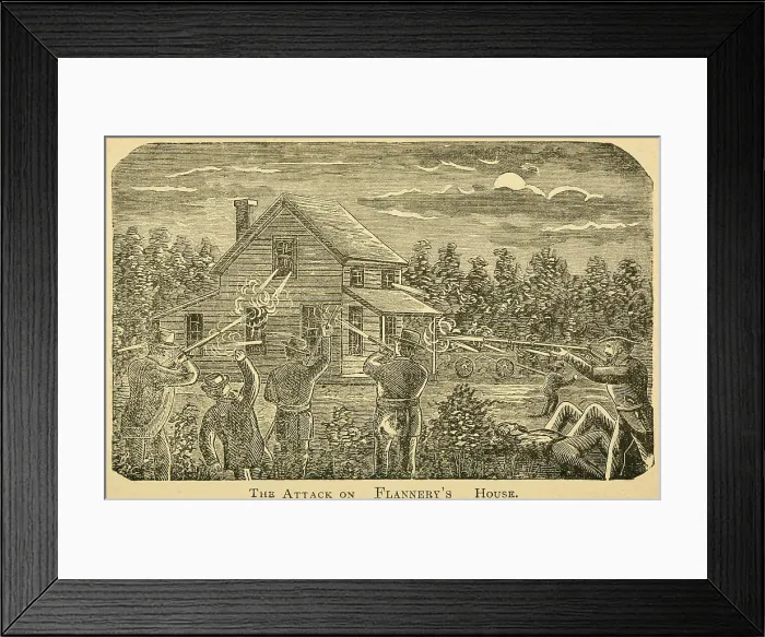 Framed Print : Confederate bushwhackers (guerillas), led by Charles Quantrell, in a two hour gunfight with Federal Jayhawkers surrounding the Flannery House in Jackson Country