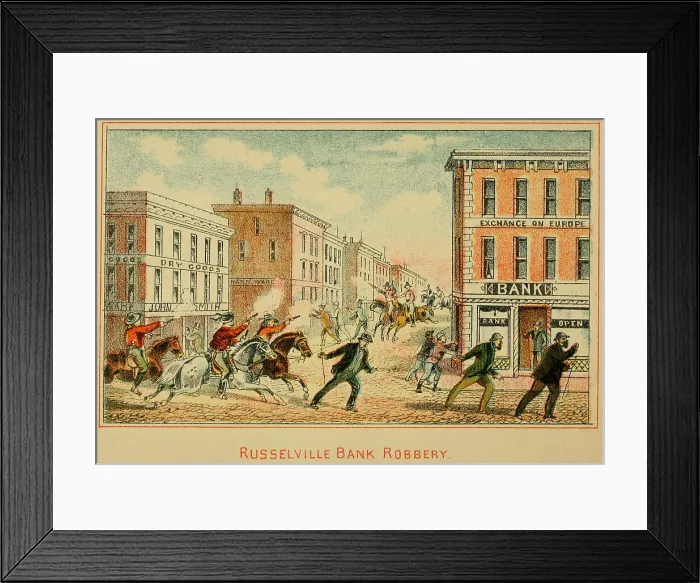 Framed Print : The robbery of Southern Deposit Bank in Russellville, Kentucky, of $12, 000 on March 20, 1868 has been attributed to Jesse James and the Younger Brothers gangs Framed Print : The robbery of Southern Deposit Bank in Russellville, Kentucky, of $12, 000 on March 20, 1868 has been attributed to Jesse James and the Younger Brothers gangs