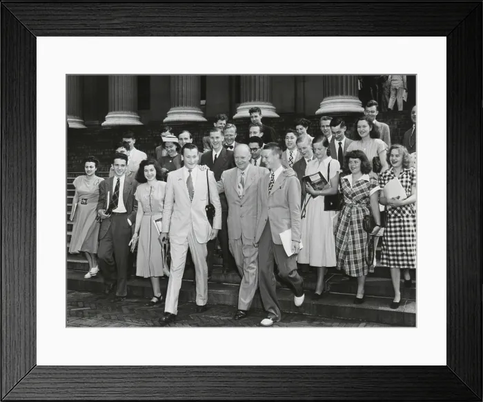 Framed Print : Dwight Eisenhower walking down the steps of Low Memorial Library with a group of foreign students Framed Print : Dwight Eisenhower walking down the steps of Low Memorial Library with a group of foreign students
