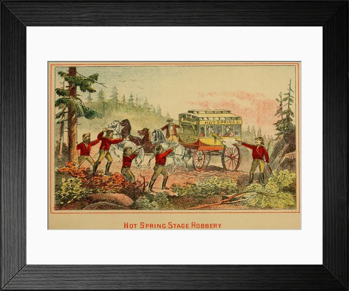 Framed Print : Jesse and Frank James, Cole, John, and Bob Younger, robbed the Hot Springs Stage on January 15, 1974. They robbed the passengers and the mail bags, collecting $2, 000
