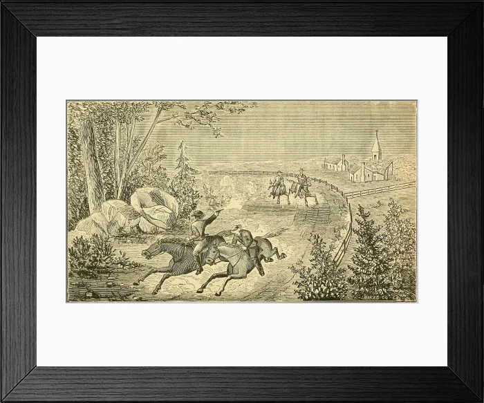 Framed Print : Jesse James rides for his life through Shieldsville, Minnesota, after the disastrous Northfield Minnesota bank robbery, which netted nothing, left two bank employees murdered Framed Print : Jesse James rides for his life through Shieldsville, Minnesota, after the disastrous Northfield Minnesota bank robbery, which netted nothing, left two bank employees murdered
