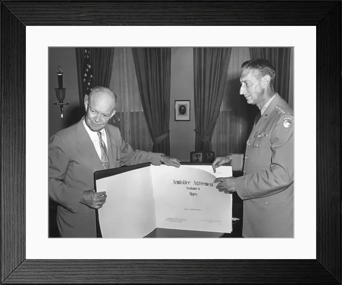 Framed Print : President Eisenhower with General Mark Clark displaying the Korean War Armistice Agreement Framed Print : President Eisenhower with General Mark Clark displaying the Korean War Armistice Agreement