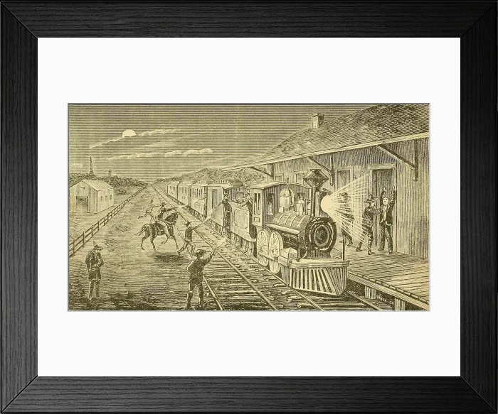 Framed Print : The Texas Express train being robbed by seven mounted robbers at Gadhill signal Station in January 1874