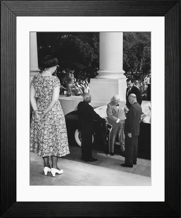 Framed Print : President Eisenhower welcomes Prime Minister Winston Churchill of Britain at the White House. First Lady Mamie Eisenhower stands at top of stairs. Richard Nixon is in the car