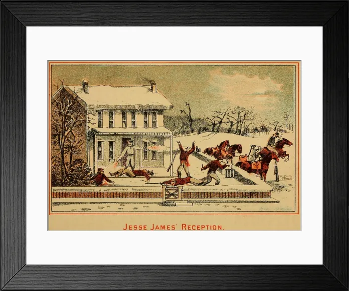 Framed Print : Scene of Jesse James shooting six men while resisting arrest at the Missouri home of his mother and stepfather in February 1867