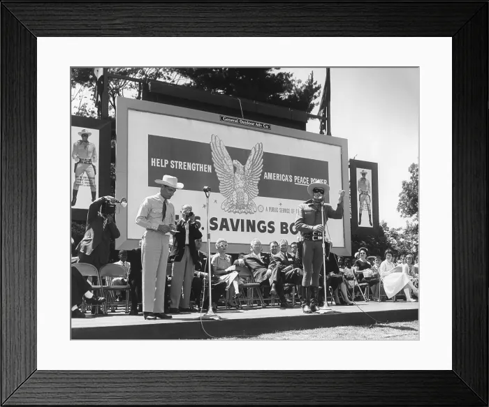 Framed Print : Actor Clayton Moore in his Lone Ranger character promotes U.S. Savings Bonds. Washington, D.C. June 17, 1958. - (BSLOC_2014_16_160) Framed Print : Actor Clayton Moore in his Lone Ranger character promotes U.S. Savings Bonds. Washington, D.C. June 17, 1958. - (BSLOC_2014_16_160)