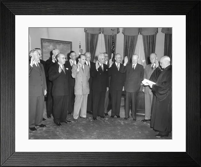 Framed Print : Swearing in of the Second Hoover Commission by Justice Harold H. Burton (right). 80 year old former President Herbert Hoover stands next to President Dwight Eisenhower