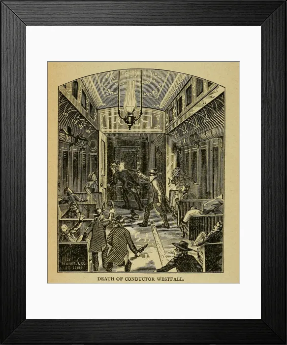 Framed Print : Unidentified masked robbers, suspected to be the James gang, robbed a passenger train at Winston, Missouri on July 15, 1881