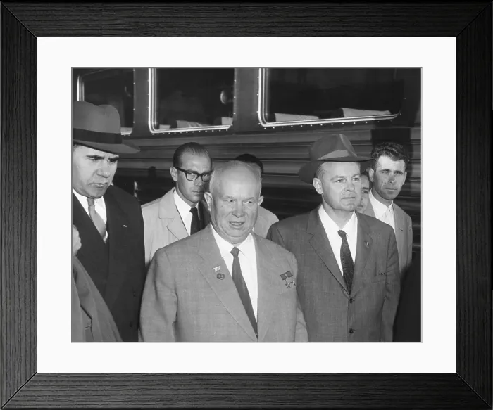 Framed Print : Soviet Premier Nikita Khrushchev and his traveling party before departing for New York City. Sept. 17, 1959. At far left is Andrei Gromyko, Foreign Minister of USSR