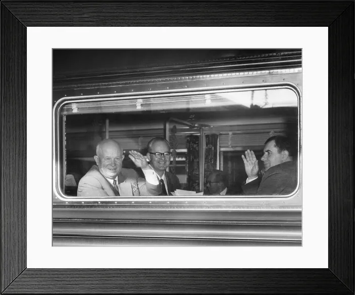 Framed Print : Premier Nikita Khrushchev waving from his train as he leaves Washington for New York City. Also waving at right is Andrei Gromyko, Foreign Minister of USSR