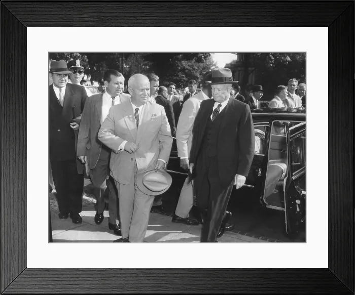 Framed Print : Premier Khrushchev and President Eisenhower on the last day of his American visit. At far left is Andrei Gromyko, Foreign Minister of USSR. Sept. 27, 1959. - (BSLOC_2014_16_154)