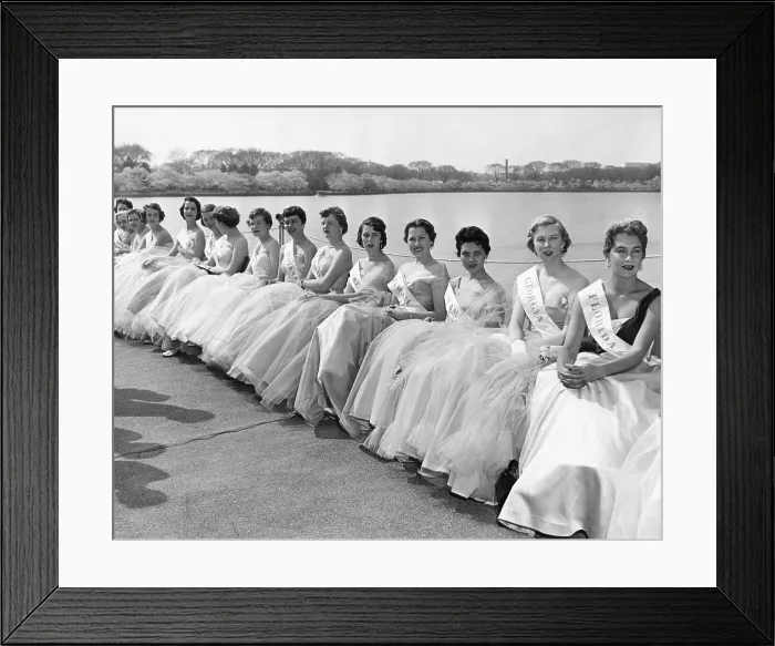 Framed Print : Cherry Blossom Festival Princesses wearing the ball gowns and their state sashes. April 2, 1955