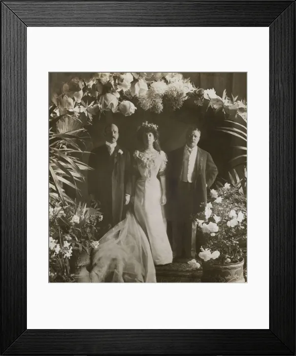 Framed Print : Wedding portrait of Alice Roosevelt-Longworth and Nicholas Longworth, with the brides father. President Theodore Roosevelt, stands stiffly apart from his daughter Framed Print : Wedding portrait of Alice Roosevelt-Longworth and Nicholas Longworth, with the brides father. President Theodore Roosevelt, stands stiffly apart from his daughter