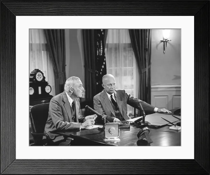 Framed Print : President Eisenhower introduced Sec. of State John Foster Dulles, who discussed the Suez crisis. Television and Radio broadcast from the Oval Office on Aug. 3, 1956 Framed Print : President Eisenhower introduced Sec. of State John Foster Dulles, who discussed the Suez crisis. Television and Radio broadcast from the Oval Office on Aug. 3, 1956