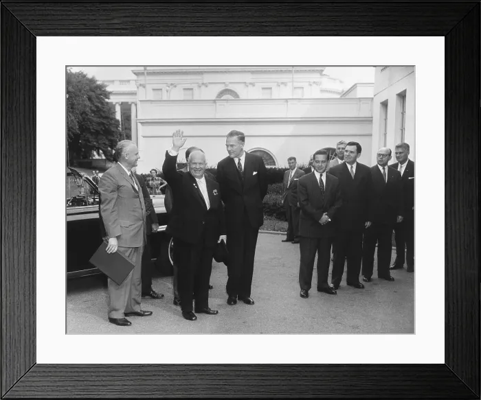 Framed Print : Soviet Premier Nikita Khrushchev waves as he arrives at the White House, Sept. 15, 1959. To his left is U.S. Ambassador to the UN, Henry Cabot Lodge Framed Print : Soviet Premier Nikita Khrushchev waves as he arrives at the White House, Sept. 15, 1959. To his left is U.S. Ambassador to the UN, Henry Cabot Lodge