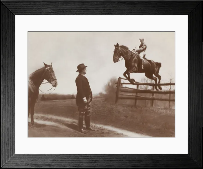 Framed Print : Theodore Roosevelt Jr. the Presidents oldest son, on horseback jumping a fence as his father watches. May 1907, at the Chevy Chase Club, Maryland (BSLOC_2017_6_85)