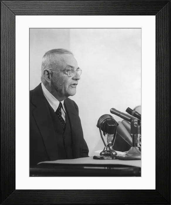 Framed Print : Secretary of State John Foster Dulles speaking into microphones. Feb. 3, 1959. He was about to embark on his final European trip to Britain, France and Germany Framed Print : Secretary of State John Foster Dulles speaking into microphones. Feb. 3, 1959. He was about to embark on his final European trip to Britain, France and Germany