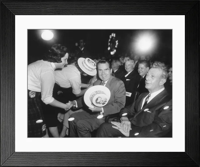 Framed Print : Richard Nixon at a Republican campaign event, April 4, 1960. At this time he was the presumed presidential nominee. At right is Senator Everett Dirksen. - (BSLOC_2014_16_14) Framed Print : Richard Nixon at a Republican campaign event, April 4, 1960. At this time he was the presumed presidential nominee. At right is Senator Everett Dirksen. - (BSLOC_2014_16_14)