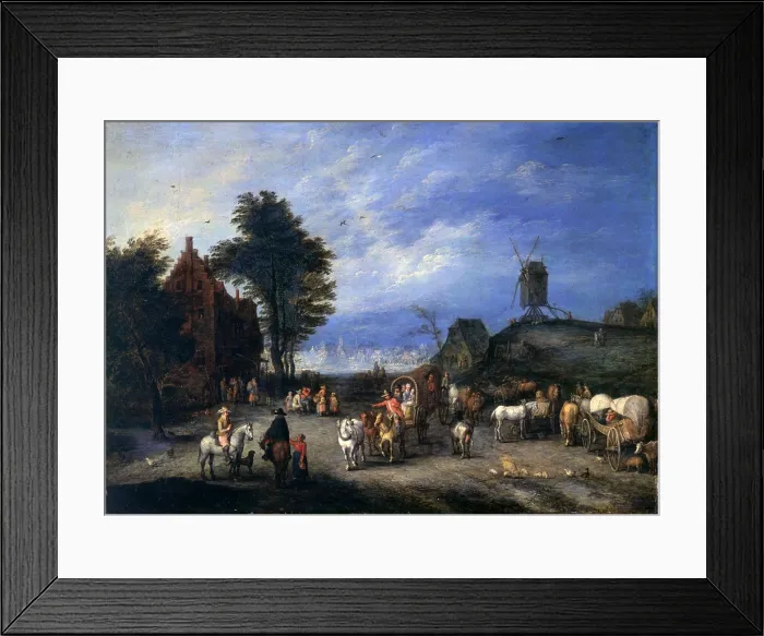 Framed Print : Village with Marketplace, by Paul Bril, after Jan Bruegel the Elder also known as Bruegel of the Velvets, 17th century, oil on copper - Italy, Lombardy, Milan, Castello Sforzesco