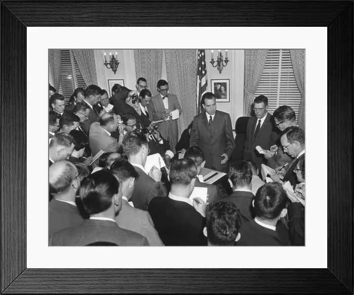 Framed Print : Vice President Richard Nixon with reporters on Nov. 27, 1957. Nixon answered questions about Eisenhower's mild stroke that occurred in the Oval Office on Nov. 25, 1957