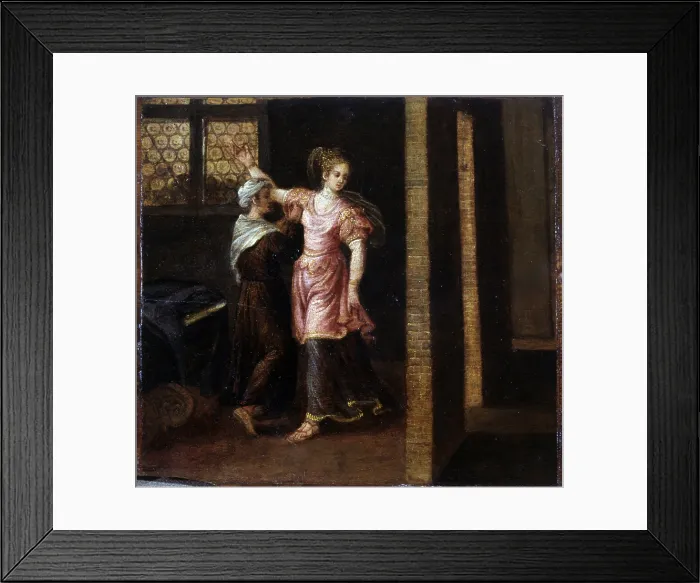 Framed Print : Judith Gets Ready to Meet Holofernes, by Franck Pauwels also known as Paolo Fiammingo, 1580 - 1590, 16th Century, oil on board, 27 x 30 cm - Italy, Lombardy, Milan
