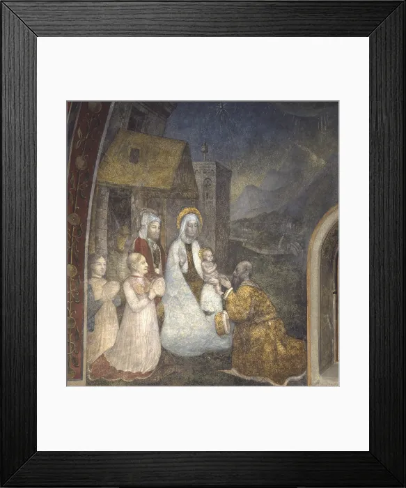 Framed Print : Committents as Magi adoring the Child, by Unknown Artist, 15th Century, fresco - Italy, Lombardy, Como, Bishop Palace. Detail Framed Print : Committents as Magi adoring the Child, by Unknown Artist, 15th Century, fresco - Italy, Lombardy, Como, Bishop Palace. Detail